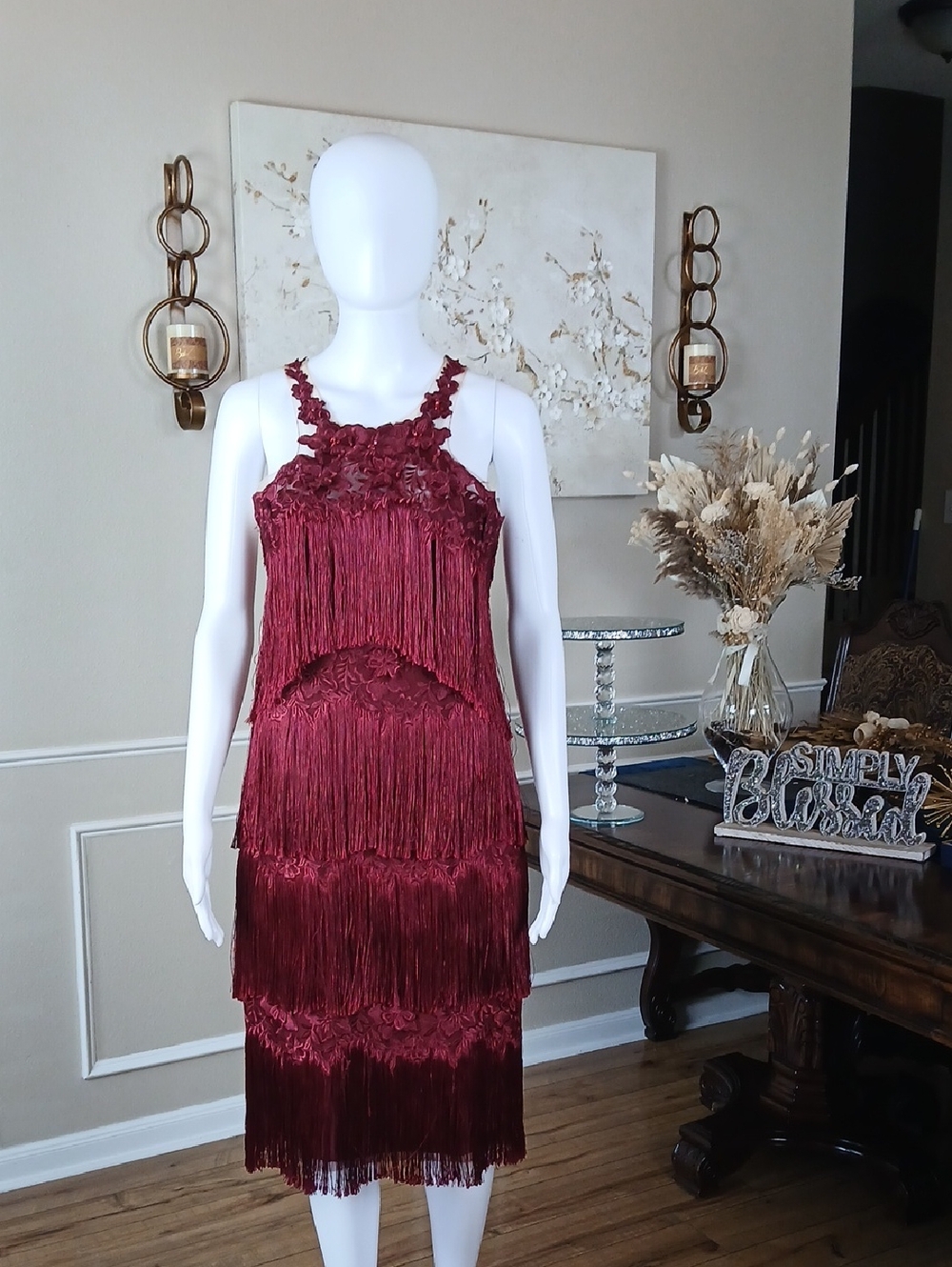 New Women's Fringed Wine Embroidered Cocktail Dress By Marchesa Notte. Size 2 - Picture 5 of 16